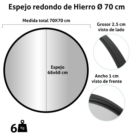 ESPELHO DE PAREDE REDONDO EM METAL 60X60 CM, FERRO MACIÇO, COR DOURADA