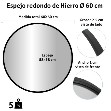 ESPELHO DE PAREDE REDONDO EM METAL 60X60 CM, FERRO MACIÇO, COR DOURADA